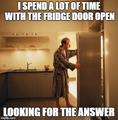 Deep thoughts | I SPEND A LOT OF TIME WITH THE FRIDGE DOOR OPEN; LOOKING FOR THE ANSWER | image tagged in fridge,deep thoughts | made w/ Imgflip meme maker