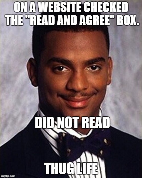 Carlton banks read and agree. | ON A WEBSITE CHECKED THE "READ AND AGREE" BOX. DID NOT READ; THUG LIFE | image tagged in carlton banks thug life,websites | made w/ Imgflip meme maker