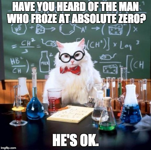 Chemistry Cat | HAVE YOU HEARD OF THE MAN WHO FROZE AT ABSOLUTE ZERO? HE'S 0K. | image tagged in memes,chemistry cat | made w/ Imgflip meme maker