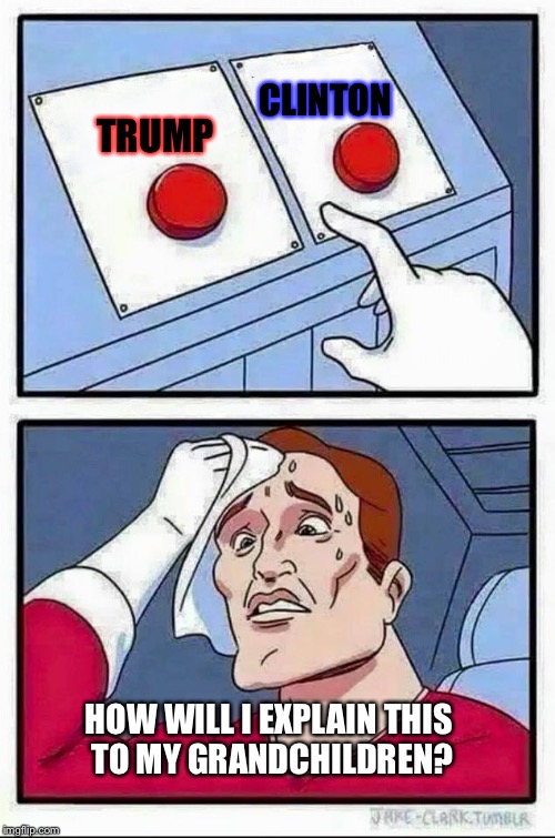 Two Buttons | CLINTON; TRUMP; HOW WILL I EXPLAIN THIS TO MY GRANDCHILDREN? | image tagged in hard choice to make | made w/ Imgflip meme maker