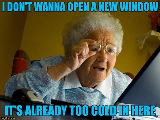 Grandma Finds The Internet | I DON'T WANNA OPEN A NEW WINDOW; IT'S ALREADY TOO COLD IN HERE | image tagged in memes,grandma finds the internet | made w/ Imgflip meme maker