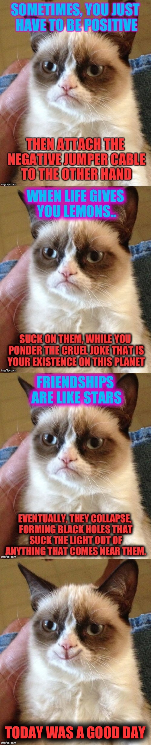 Grumpy Cat Inspirational(?) Quotes to brighten up your day! | TODAY WAS A GOOD DAY | image tagged in grumpy cat,inspirational quote,memes,meme chain,funny | made w/ Imgflip meme maker