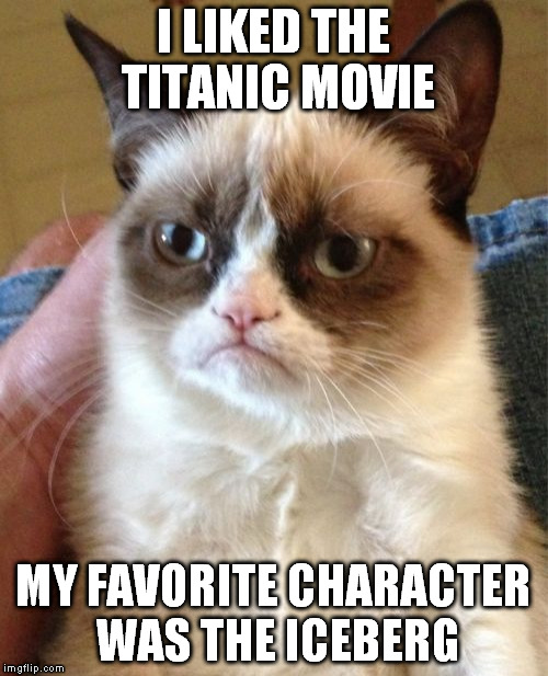 Grumpy Cat | I LIKED THE TITANIC MOVIE; MY FAVORITE CHARACTER WAS THE ICEBERG | image tagged in memes,grumpy cat,titanic,funny,iceberg | made w/ Imgflip meme maker