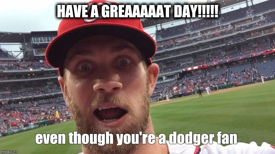 Bryce Harper | HAVE A GREAAAAAT DAY!!!!! even though you're a dodger fan | image tagged in bryce harper | made w/ Imgflip meme maker
