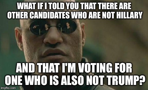 Matrix Morpheus Meme | WHAT IF I TOLD YOU THAT THERE ARE OTHER CANDIDATES WHO ARE NOT HILLARY AND THAT I'M VOTING FOR ONE WHO IS ALSO NOT TRUMP? | image tagged in memes,matrix morpheus | made w/ Imgflip meme maker