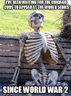 Waiting Skeleton | I'VE BEEN WAITING FOR THE CHICAGO CUBS TO APPEAR AT THE WORLD SERIES; SINCE WORLD WAR 2 | image tagged in memes,waiting skeleton,chicago cubs | made w/ Imgflip meme maker