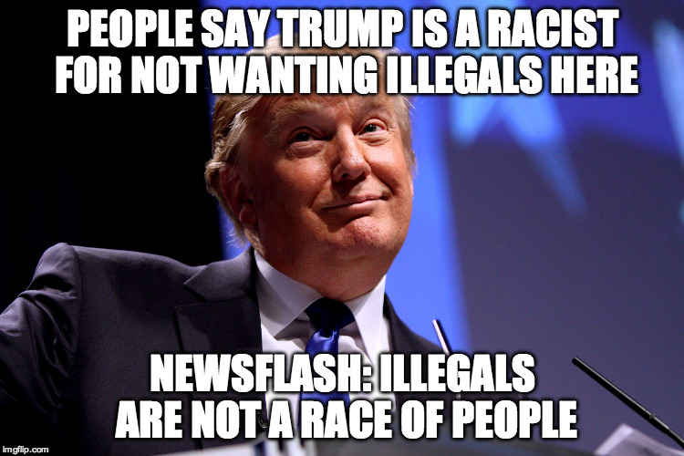 Donald Trump No2 | PEOPLE SAY TRUMP IS A RACIST FOR NOT WANTING ILLEGALS HERE; NEWSFLASH: ILLEGALS ARE NOT A RACE OF PEOPLE | image tagged in donald trump no2 | made w/ Imgflip meme maker