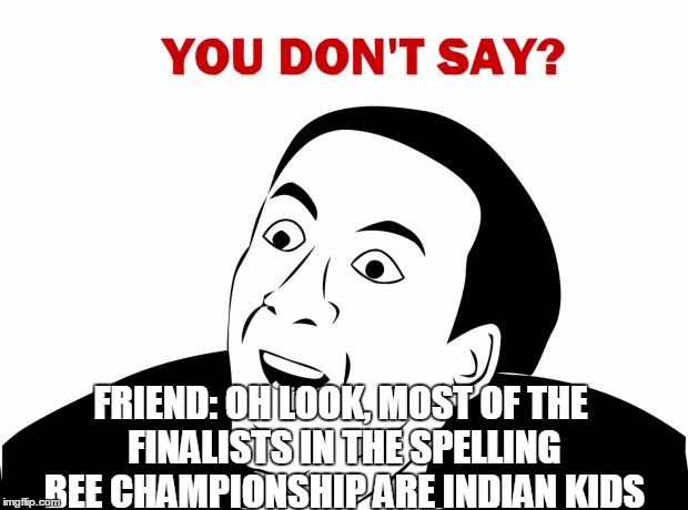 In other news, the sky is blue | FRIEND: OH LOOK, MOST OF THE FINALISTS IN THE SPELLING BEE CHAMPIONSHIP ARE INDIAN KIDS | image tagged in memes,you don't say,obviously | made w/ Imgflip meme maker