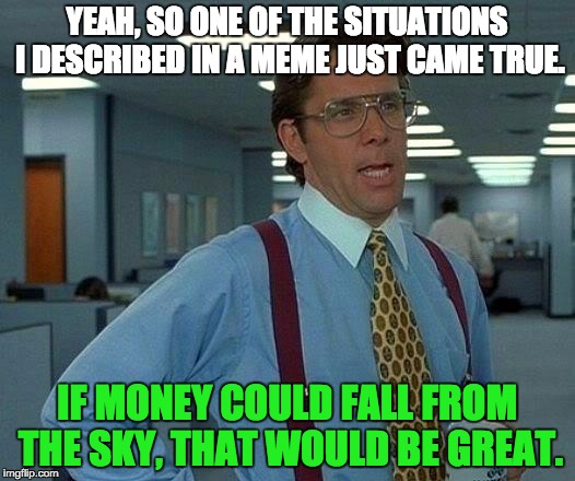 That Would Be Great | YEAH, SO ONE OF THE SITUATIONS I DESCRIBED IN A MEME JUST CAME TRUE. IF MONEY COULD FALL FROM THE SKY, THAT WOULD BE GREAT. | image tagged in memes,that would be great | made w/ Imgflip meme maker
