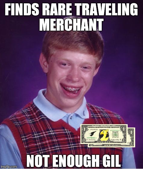 FINDS RARE TRAVELING MERCHANT NOT ENOUGH GIL | image tagged in memes,bad luck brian | made w/ Imgflip meme maker