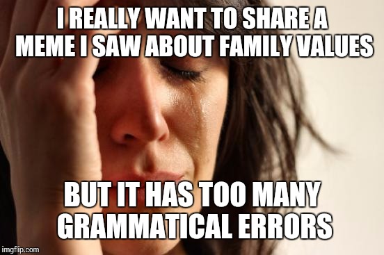 First world Grammar Nazi problems | I REALLY WANT TO SHARE A MEME I SAW ABOUT FAMILY VALUES; BUT IT HAS TOO MANY GRAMMATICAL ERRORS | image tagged in memes,first world problems | made w/ Imgflip meme maker