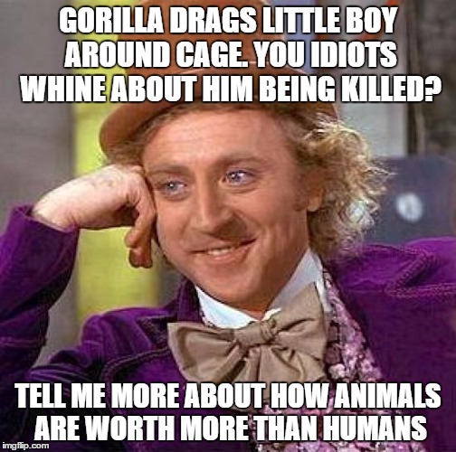 Creepy Condescending Wonka Meme | GORILLA DRAGS LITTLE BOY AROUND CAGE. YOU IDIOTS WHINE ABOUT HIM BEING KILLED? TELL ME MORE ABOUT HOW ANIMALS ARE WORTH MORE THAN HUMANS | image tagged in memes,creepy condescending wonka | made w/ Imgflip meme maker
