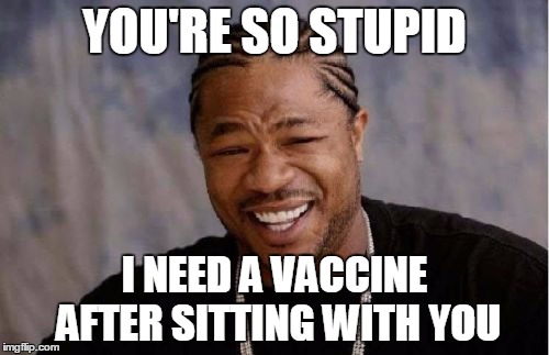 Yo Dawg Heard You Meme | YOU'RE SO STUPID; I NEED A VACCINE AFTER SITTING WITH YOU | image tagged in memes,yo dawg heard you | made w/ Imgflip meme maker