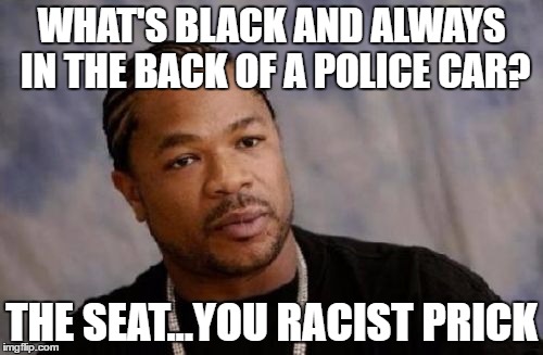 Serious Xzibit | WHAT'S BLACK AND ALWAYS IN THE BACK OF A POLICE CAR? THE SEAT...YOU RACIST PRICK | image tagged in memes,serious xzibit | made w/ Imgflip meme maker