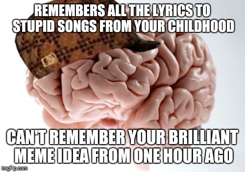 I wrote this one down to remember | REMEMBERS ALL THE LYRICS TO STUPID SONGS FROM YOUR CHILDHOOD; CAN'T REMEMBER YOUR BRILLIANT MEME IDEA FROM ONE HOUR AGO | image tagged in memes,scumbag brain,forgetful old man | made w/ Imgflip meme maker