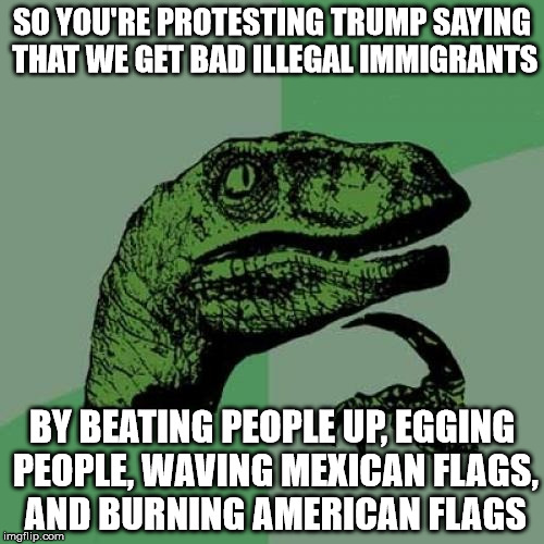 Philosoraptor on Trump Protestors | SO YOU'RE PROTESTING TRUMP SAYING THAT WE GET BAD ILLEGAL IMMIGRANTS; BY BEATING PEOPLE UP, EGGING PEOPLE, WAVING MEXICAN FLAGS, AND BURNING AMERICAN FLAGS | image tagged in memes,philosoraptor,trump 2016,illegal immigration,mexicans,riots | made w/ Imgflip meme maker