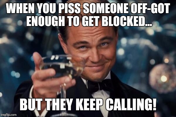 Leonardo Dicaprio Cheers Meme | WHEN YOU PISS SOMEONE OFF-GOT ENOUGH TO GET BLOCKED... BUT THEY KEEP CALLING! | image tagged in memes,leonardo dicaprio cheers | made w/ Imgflip meme maker