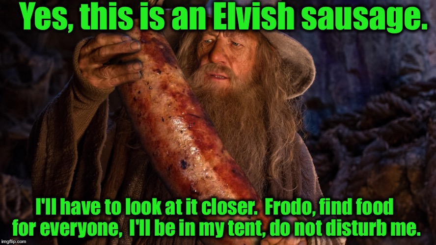 So glad to have Gandalf with us, that sausage could of hurt someone..... | Yes, this is an Elvish sausage. I'll have to look at it closer.  Frodo, find food for everyone,  I'll be in my tent, do not disturb me. | image tagged in gandalf,memes,funny,lord of the rings,evilmandoevil | made w/ Imgflip meme maker