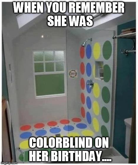 Shower Twister | WHEN YOU REMEMBER SHE WAS; COLORBLIND ON HER BIRTHDAY.... | image tagged in shower twister | made w/ Imgflip meme maker