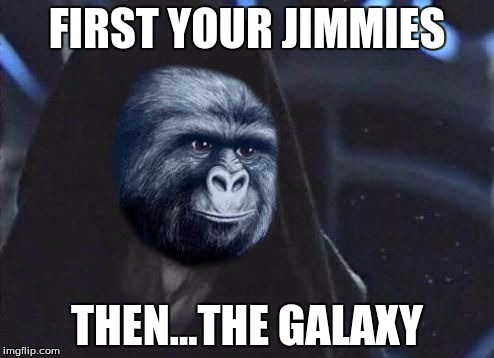 Emperor Rustling | FIRST YOUR JIMMIES; THEN...THE GALAXY | image tagged in emperor rustling | made w/ Imgflip meme maker