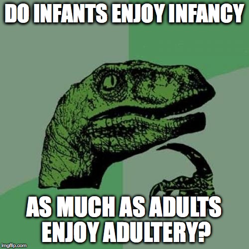 Hmmmmm, I wonder? | DO INFANTS ENJOY INFANCY; AS MUCH AS ADULTS ENJOY ADULTERY? | image tagged in memes,philosoraptor,funny,lol,deep thoughts | made w/ Imgflip meme maker