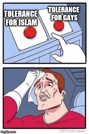 Two Buttons Meme | TOLERANCE FOR GAYS; TOLERANCE FOR ISLAM | image tagged in two buttons,AdviceAnimals | made w/ Imgflip meme maker