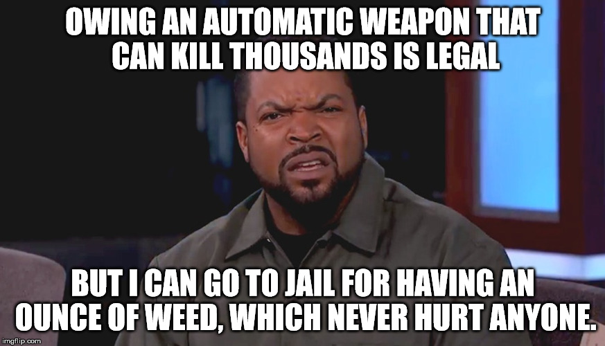 really? why isn't weed legal? | OWING AN AUTOMATIC WEAPON THAT CAN KILL THOUSANDS IS LEGAL; BUT I CAN GO TO JAIL FOR HAVING AN OUNCE OF WEED, WHICH NEVER HURT ANYONE. | image tagged in really ice cube,marijuana,weed,automatic weapons,legalize weed | made w/ Imgflip meme maker
