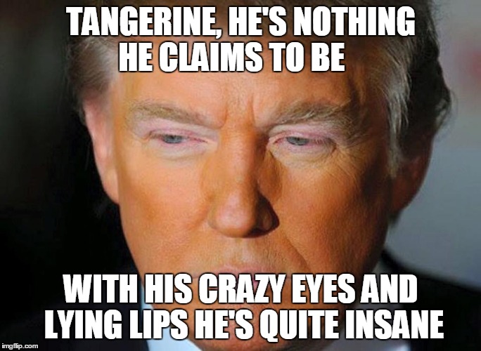 Orange Trump | TANGERINE, HE'S NOTHING HE CLAIMS TO BE; WITH HIS CRAZY EYES AND LYING LIPS HE'S QUITE INSANE | image tagged in orange trump | made w/ Imgflip meme maker