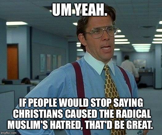 That Would Be Great Meme | UM YEAH. IF PEOPLE WOULD STOP SAYING CHRISTIANS CAUSED THE RADICAL MUSLIM'S HATRED, THAT'D BE GREAT. | image tagged in memes,that would be great | made w/ Imgflip meme maker