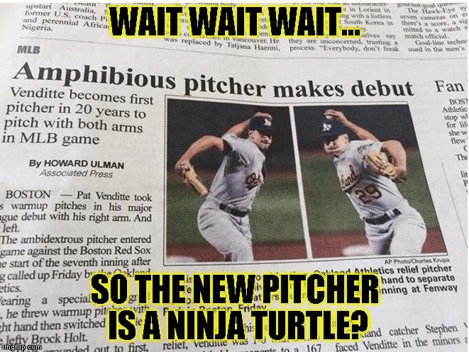 UUUHHH ....WHAT? | WAIT WAIT WAIT... SO THE NEW PITCHER IS A NINJA TURTLE? | image tagged in funny,baseball,memes,tmnt,science | made w/ Imgflip meme maker
