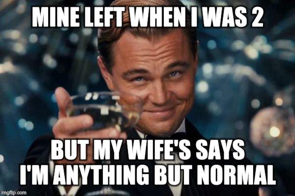 Leonardo Dicaprio Cheers Meme | MINE LEFT WHEN I WAS 2 BUT MY WIFE'S SAYS I'M ANYTHING BUT NORMAL | image tagged in memes,leonardo dicaprio cheers | made w/ Imgflip meme maker