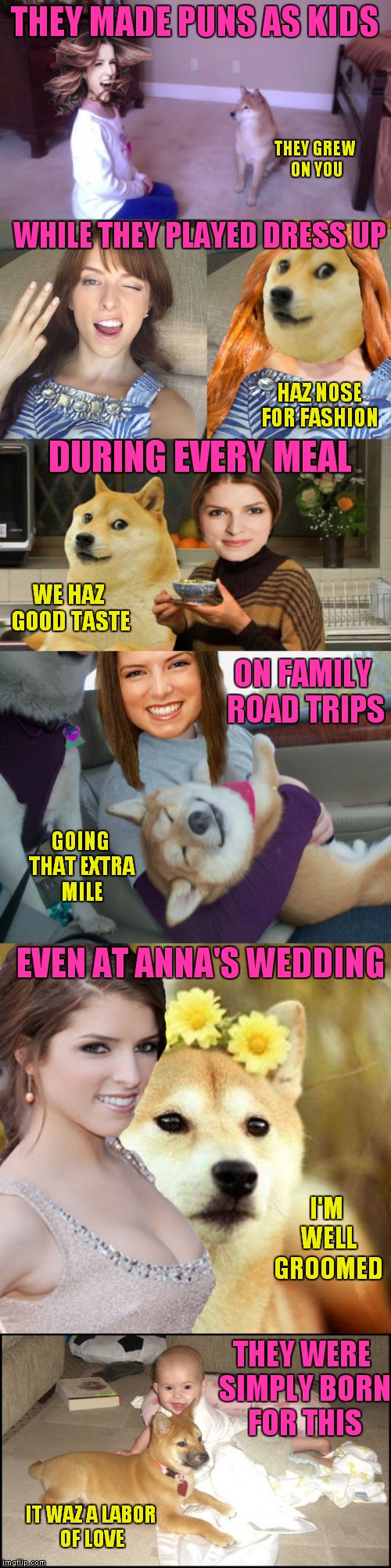The life and times of Anna and Doge mastering puns... | THEY MADE PUNS AS KIDS; THEY GREW ON YOU; WHILE THEY PLAYED DRESS UP; HAZ NOSE FOR FASHION; DURING EVERY MEAL; WE HAZ GOOD TASTE; ON FAMILY ROAD TRIPS; GOING THAT EXTRA MILE; EVEN AT ANNA'S WEDDING; I'M WELL GROOMED; THEY WERE SIMPLY BORN FOR THIS; IT WAZ A LABOR OF LOVE | image tagged in meme war,anna kendrick,doge,kristen stewart,bad pun dog | made w/ Imgflip meme maker