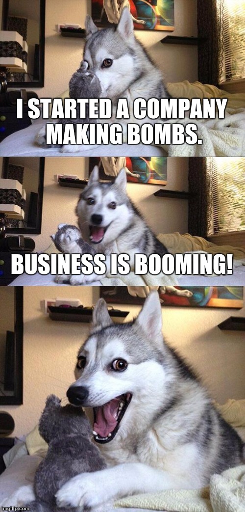 Boom, kaplow, zap, crunch, moo. | I STARTED A COMPANY MAKING BOMBS. BUSINESS IS BOOMING! | image tagged in memes,bad pun dog,bomb,explosions,boom,kaplow | made w/ Imgflip meme maker