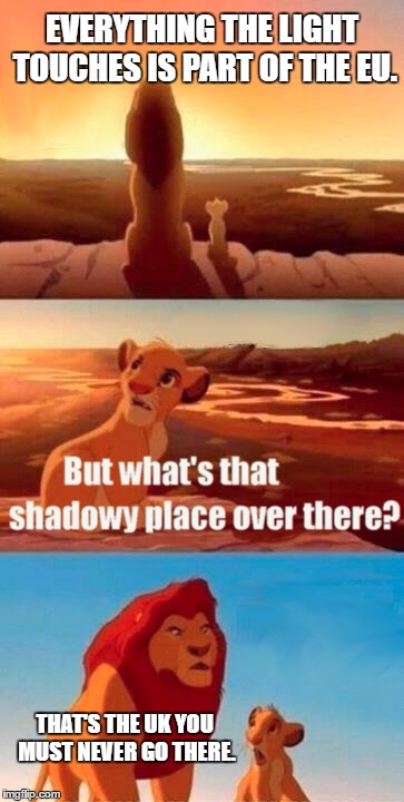 EU and the UK. | EVERYTHING THE LIGHT TOUCHES IS PART OF THE EU. THAT'S THE UK YOU MUST NEVER GO THERE. | image tagged in memes,simba shadowy place | made w/ Imgflip meme maker