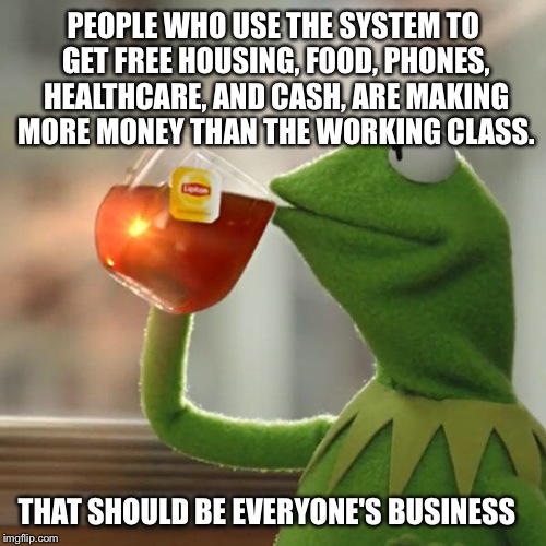 But That's None Of My Business Meme | PEOPLE WHO USE THE SYSTEM TO GET FREE HOUSING, FOOD, PHONES, HEALTHCARE, AND CASH, ARE MAKING MORE MONEY THAN THE WORKING CLASS. THAT SHOULD | image tagged in memes,but thats none of my business,kermit the frog | made w/ Imgflip meme maker