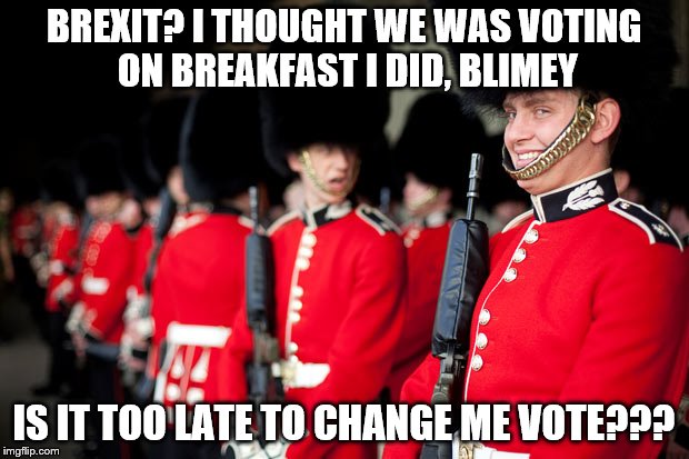 I heard some were having second thoughts over there.  | BREXIT? I THOUGHT WE WAS VOTING ON BREAKFAST I DID, BLIMEY; IS IT TOO LATE TO CHANGE ME VOTE??? | image tagged in memes,brexit,queens guard | made w/ Imgflip meme maker