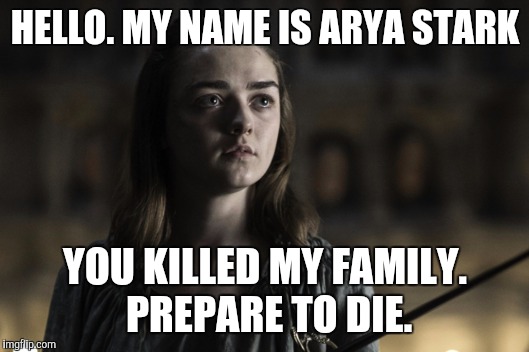 A girl is Arya Stark | HELLO. MY NAME IS ARYA STARK; YOU KILLED MY FAMILY. PREPARE TO DIE. | image tagged in a girl is arya stark | made w/ Imgflip meme maker