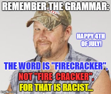 Larry The Cable Guy | REMEMBER THE GRAMMAR:; HAPPY 4TH OF JULY! THE WORD IS "FIRECRACKER", NOT "FIRE  CRACKER", FOR THAT IS RACIST... | image tagged in memes,larry the cable guy | made w/ Imgflip meme maker