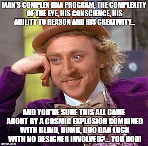 Creepy Condescending Wonka Meme | MAN'S COMPLEX DNA PROGRAM, THE COMPLEXITY OF THE EYE, HIS CONSCIENCE, HIS ABILITY TO REASON AND HIS CREATIVITY... AND YOU'RE SURE THIS ALL CAME ABOUT BY A COSMIC EXPLOSION COMBINED WITH BLIND, DUMB, DOO DAH LUCK WITH NO DESIGNER INVOLVED?... YOO HOO! | image tagged in memes,creepy condescending wonka | made w/ Imgflip meme maker