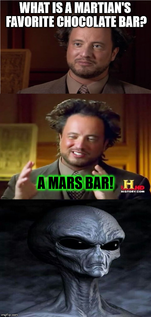 I did it because this template is awesome | WHAT IS A MARTIAN'S FAVORITE CHOCOLATE BAR? A MARS BAR! | image tagged in bad pun aliens guy,aegis_runestone,funny,bad puns | made w/ Imgflip meme maker