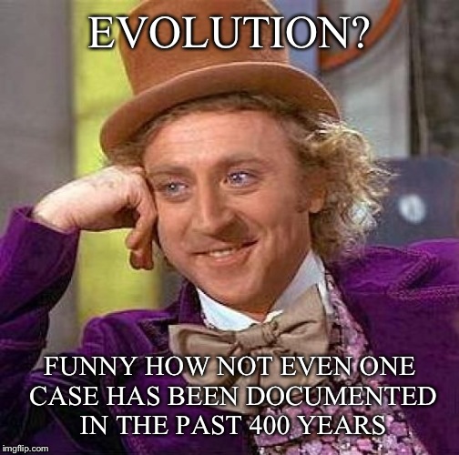 Creepy Condescending Wonka Meme | EVOLUTION? FUNNY HOW NOT EVEN ONE CASE HAS BEEN DOCUMENTED IN THE PAST 400 YEARS | image tagged in memes,creepy condescending wonka | made w/ Imgflip meme maker