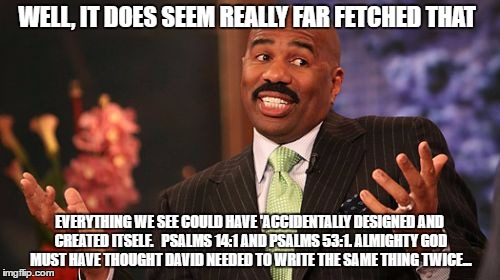 Steve Harvey Meme | WELL, IT DOES SEEM REALLY FAR FETCHED THAT EVERYTHING WE SEE COULD HAVE 'ACCIDENTALLY DESIGNED AND CREATED ITSELF. 

PSALMS 14:1 AND PSALMS  | image tagged in memes,steve harvey | made w/ Imgflip meme maker