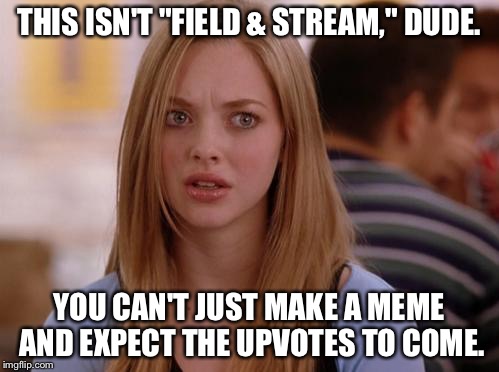 If you meme it, they will come... | THIS ISN'T "FIELD & STREAM," DUDE. YOU CAN'T JUST MAKE A MEME AND EXPECT THE UPVOTES TO COME. | image tagged in memes,omg karen | made w/ Imgflip meme maker