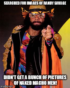 No naked dudes | SEARCHED FOR IMAGES OF RANDY SAVAGE; DIDN'T GET A BUNCH OF PICTURES OF NAKED MACHO MEN! | image tagged in pro wrestling,pointing,pointing at you,macho man,randy savage | made w/ Imgflip meme maker