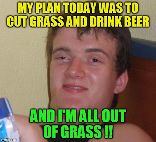 10 Guy | MY PLAN TODAY WAS TO CUT GRASS AND DRINK BEER; AND I'M ALL OUT OF GRASS !! | image tagged in memes,10 guy,grass,funny meme,jokes,beer | made w/ Imgflip meme maker