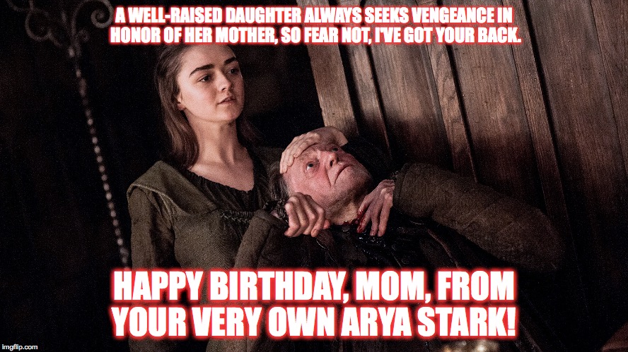 Mom's Birthday from her daughter | A WELL-RAISED DAUGHTER ALWAYS SEEKS VENGEANCE IN HONOR OF HER MOTHER, SO FEAR NOT, I'VE GOT YOUR BACK. HAPPY BIRTHDAY, MOM, FROM YOUR VERY OWN ARYA STARK! | image tagged in moms,daughters,happy birthday | made w/ Imgflip meme maker