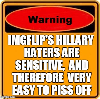 Warning Sign | IMGFLIP'S HILLARY HATERS ARE SENSITIVE,  AND THEREFORE  VERY EASY TO PISS OFF | image tagged in memes,warning sign | made w/ Imgflip meme maker