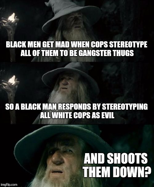 Hypocrite level: expert | BLACK MEN GET MAD WHEN COPS STEREOTYPE ALL OF THEM TO BE GANGSTER THUGS; SO A BLACK MAN RESPONDS BY STEREOTYPING ALL WHITE COPS AS EVIL; AND SHOOTS THEM DOWN? | image tagged in memes,confused gandalf,dallas shooting,police brutality,stereotype,hypocrite | made w/ Imgflip meme maker
