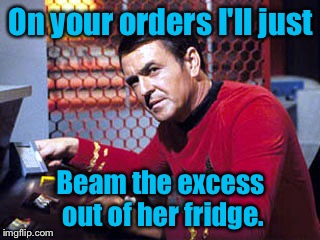 On your orders I'll just Beam the excess out of her fridge. | made w/ Imgflip meme maker