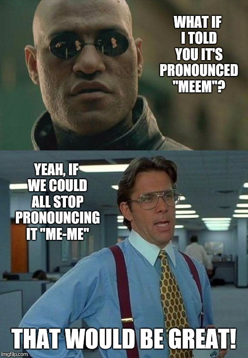 It's pronounced "MEEM"! | WHAT IF I TOLD YOU IT'S PRONOUNCED "MEEM"? YEAH, IF WE COULD ALL STOP PRONOUNCING IT "ME-ME"; THAT WOULD BE GREAT! | image tagged in memes,matrix morpheus,that would be great,pronunciation,imgflip | made w/ Imgflip meme maker